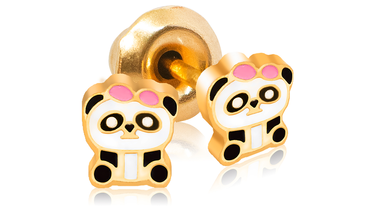 QPP A64 boucles d’oreilles clous, panda enfant émaillé, doré jaune, 1 paire