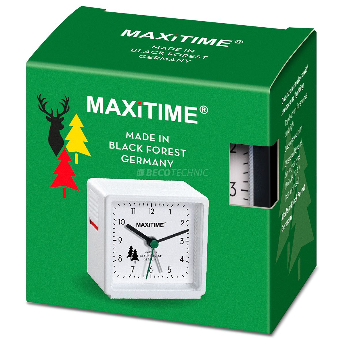 Maxitime réveil quartz avec lumières et bouton de répétition, coffret noir, cadran blanc, fabriqué en Forêt-Noire