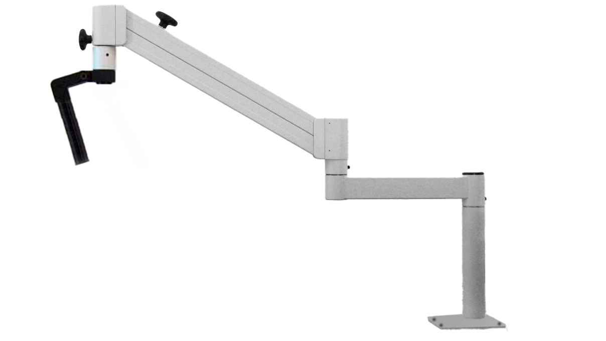 Statif de table avec bras articulé à ressort avec accouplement d'inclinaison (3 pièces) avec colonne de 32
mm pour la fixation d'une commande de microscope (sans commande), fixation avec plaque à visser