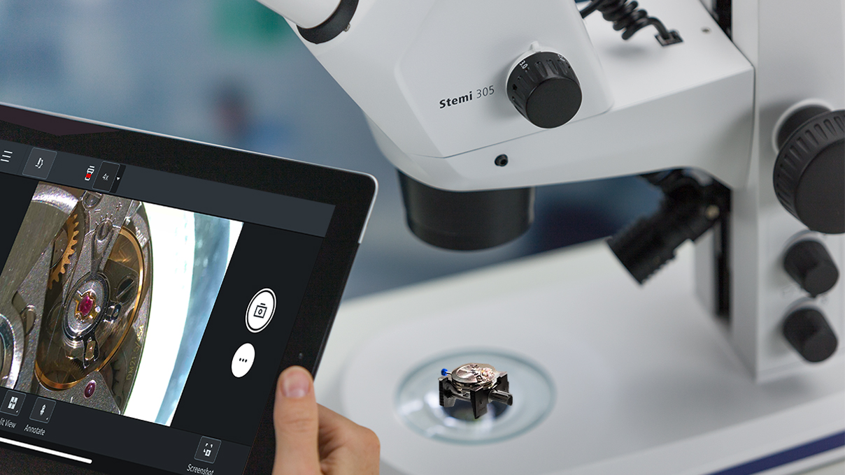 Microscope stéréo Stemi 305 cam W, microscope avec caméra 4 mégapixels intégrée et WLAN avec
trépied K EDU et Spot K LED