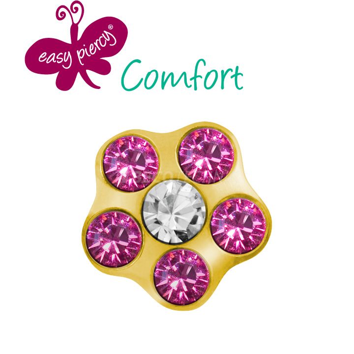 Easy Piercy Comfort 1 paire de boutons d'oreilles Flower Ø 5,0 mm, doré, imitation diamant/rosé