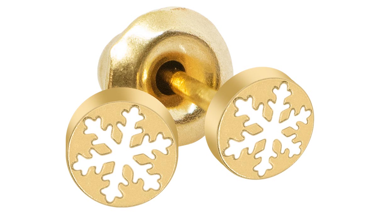 QPP Ohrstecker K38, Schneeflocke Emaille, Edelstahl gelb vergoldet, 1 Paar