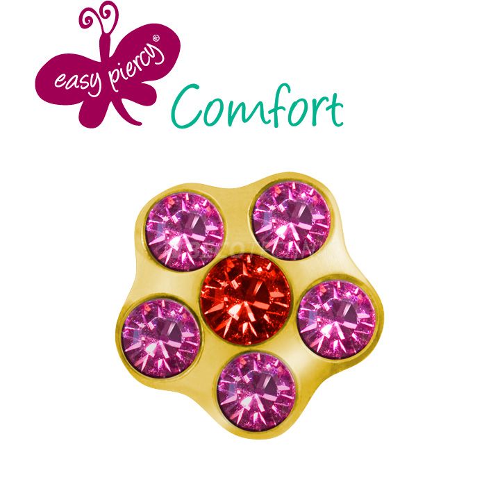 Easy Piercy Comfort 1 paire de boutons d'oreilles Flower Ø 5,0 mm, doré, imitation rubis/rosé