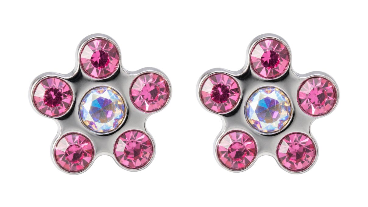 QPP puces d'oreilles K21, fleur, cristal multicolore, inox blanc, 1 paire