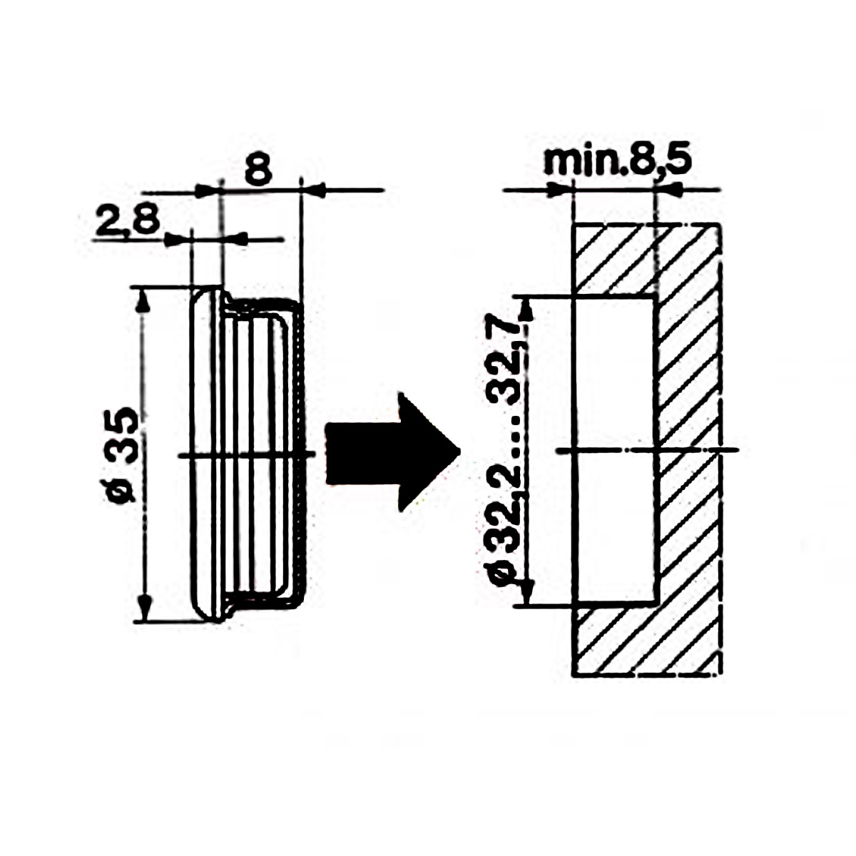 Mouvement à encastrer, quartz, chiffres arabes doré Ø 35 mm, DDI 32,2 -32,7 x 8,5 mm