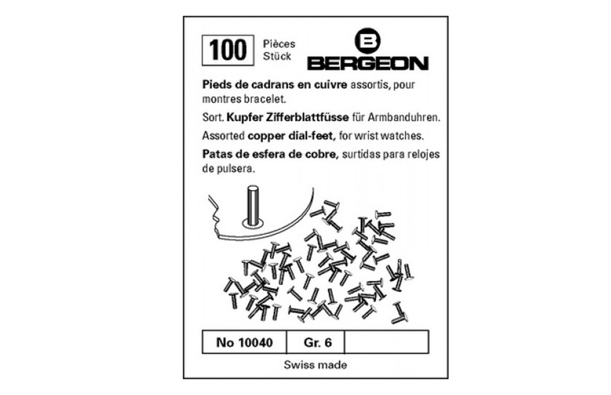 Bergeon 10040 Pieds de cadrans pour montres bracelet, assorties, en paquet de 100 pièces