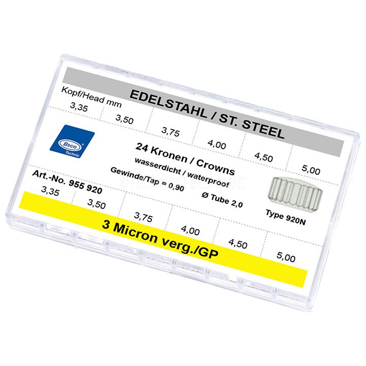 Assortiment de 24 couronnes étanches 920N, pierre  prec. et 3 microns jaune doré, tube court, filetage 0,90, tube 2,0, tête Ø 3,35-5,0 mm