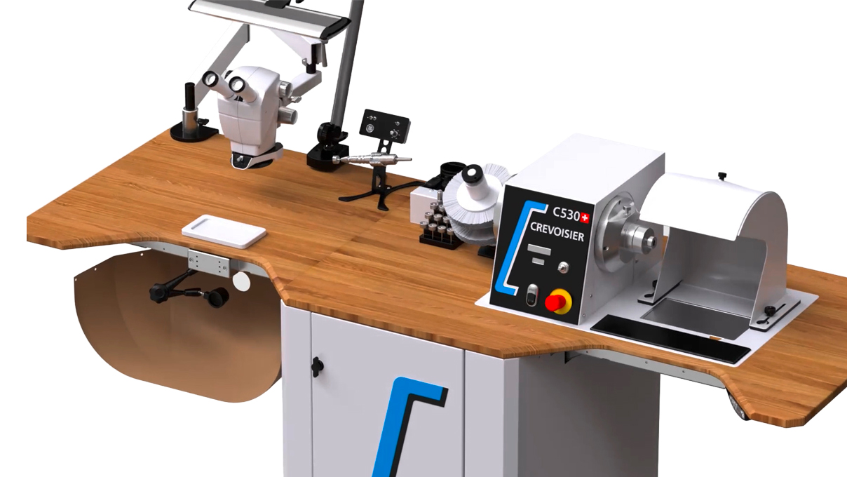 Plateau d’extension pour la Crevoisier C530 Jewellery Making Station SLINE2, avec découpe pour le cuir de
cheville et supports polyvalents pour outils tels que BenchMate ou cheville d'établi