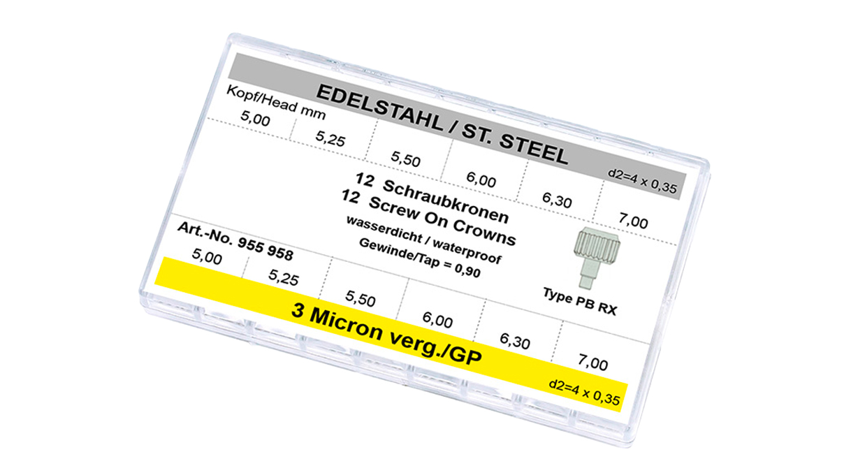 Assortiment de 12 couronnes à vis PBRX, acier inoxidable Ø 5,0-7,0 et 3 microns jaune Ø 5,0-7,0, filetage 0,90, Ø 4,0 x 0,35,