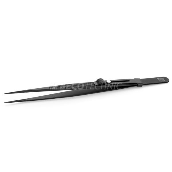 Noir Brucelles avec système de fermeture, poignées dentelés, pointes longues avec encoche, longueur 160 mm