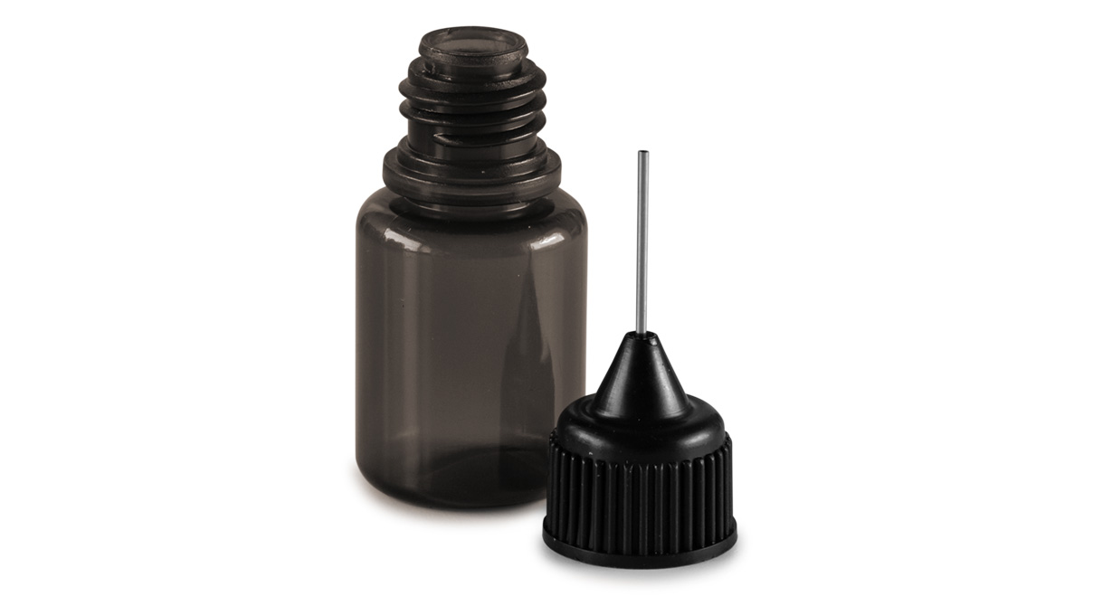 Set de 9 flacons, 5 - 50 ml, noir, avec couvercle, doseurs et entonnoir