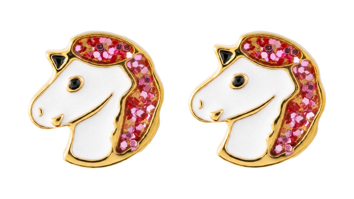 QPP puces d'oreilles A126, licorne en émail, inox plaqué or jaune, 1 paire