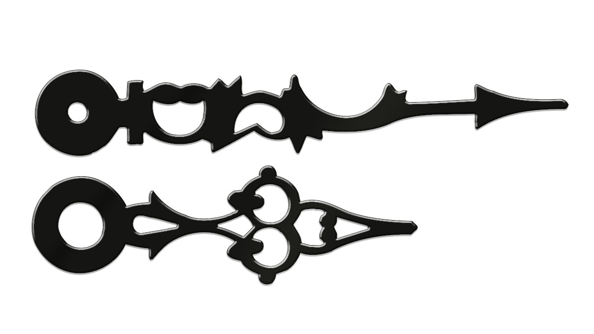 Paire d'aiguilles, forme antique, longueur 60 mm, aluminium, noir, trou Euro