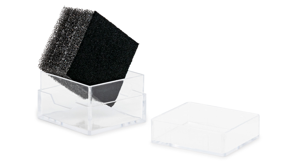 Boîte transparente avec mousse noire, 25 x 25 x 16 mm