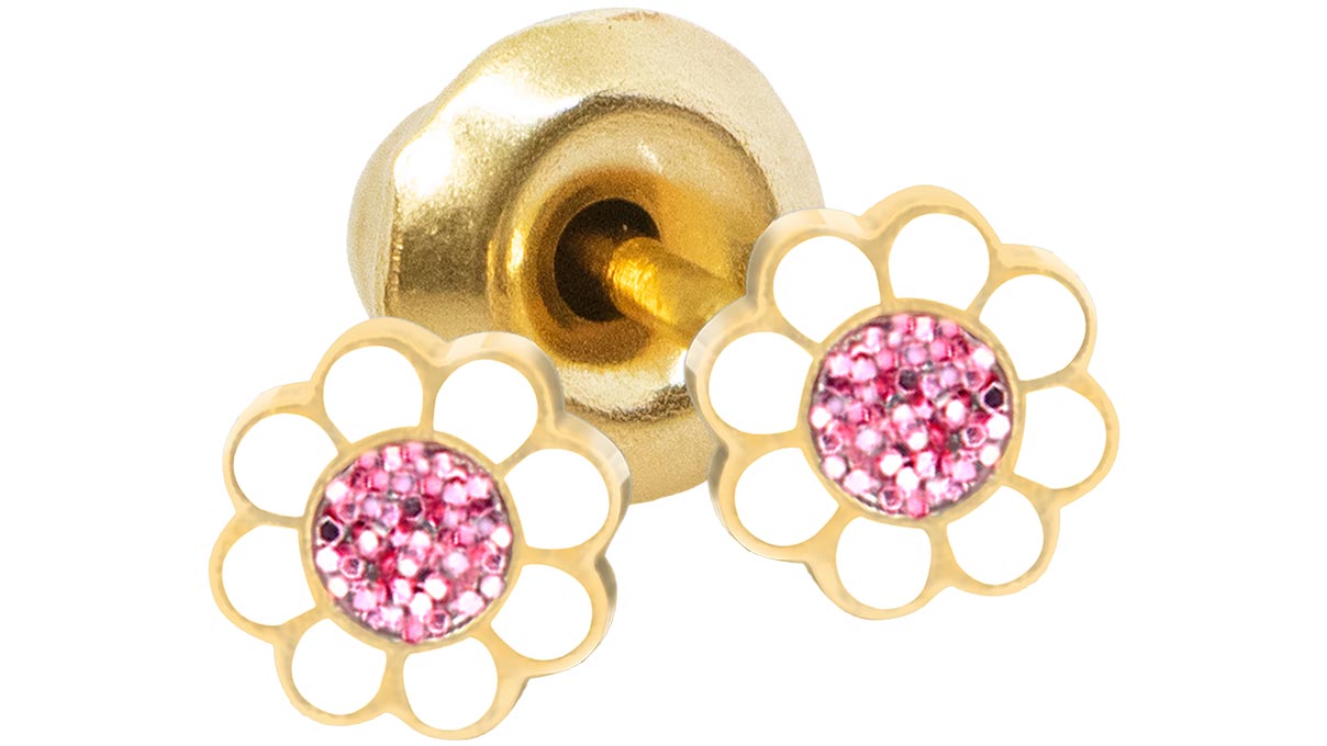 QPP Ohrstecker A50, Blume, Emaille rosa, Edelstahl gelb vergoldet, 1 Paar