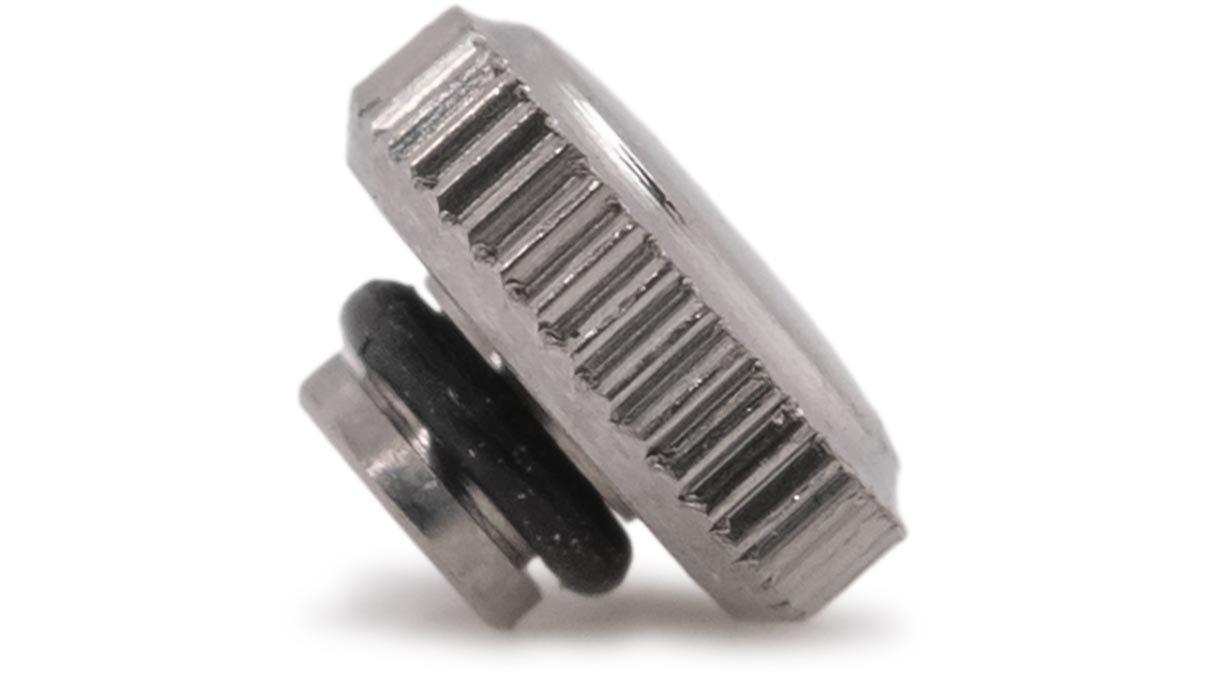 Couronne étanche, Forme japonaise, Acier inoxydable, Blanc, Tête Ø 3,25 mm, Filetage Ø 0,9 mm