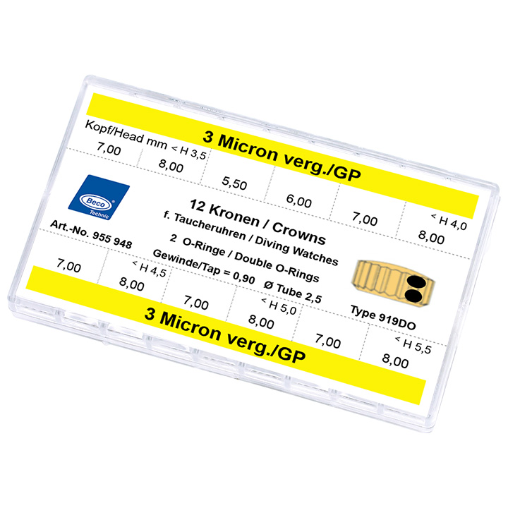 Assortiment de Couronne pour les montres de plongée 919DO, 12 pièce, 3 microns jaune, hauteur 3,5, Ø 7,0-8,0, hauteur 4,0, Ø 5,5-8,0, hauteur 4,5, Ø 7,0-8, 0, hauteur 5,0, Ø 7,0-8,0, hau teur 5,5, Ø 7,