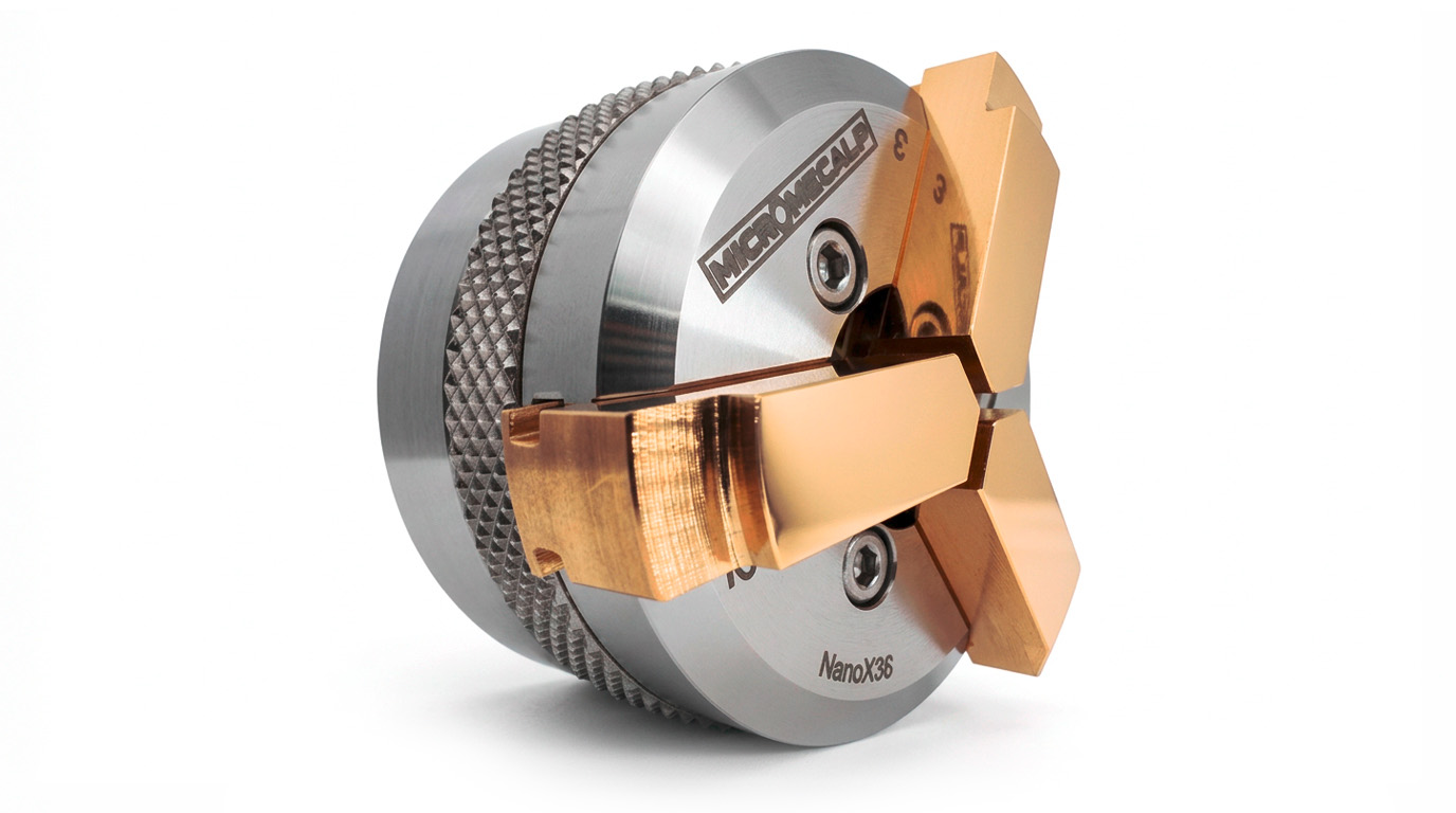 Micromecalp Lapino avec Nano X36, chariot de lapidage avec réglage micrométrique, M14, incl. trois mandrins à pinces standard (Ø
40 mm de diamètre, adaptables individuellement), Nano X36 avec mâchoires en laiton variables