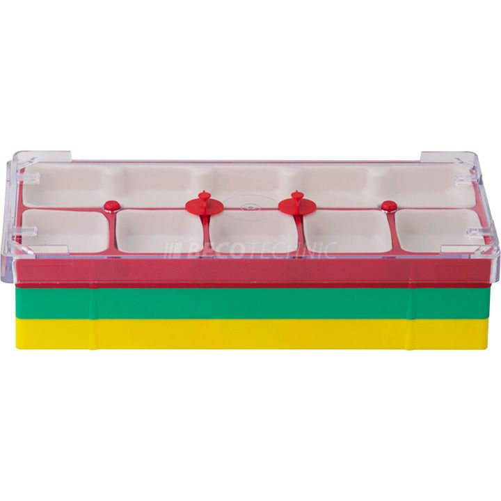 Assortiment de boîtes en matière plastique avec 6 compartiments pour le montage des montres