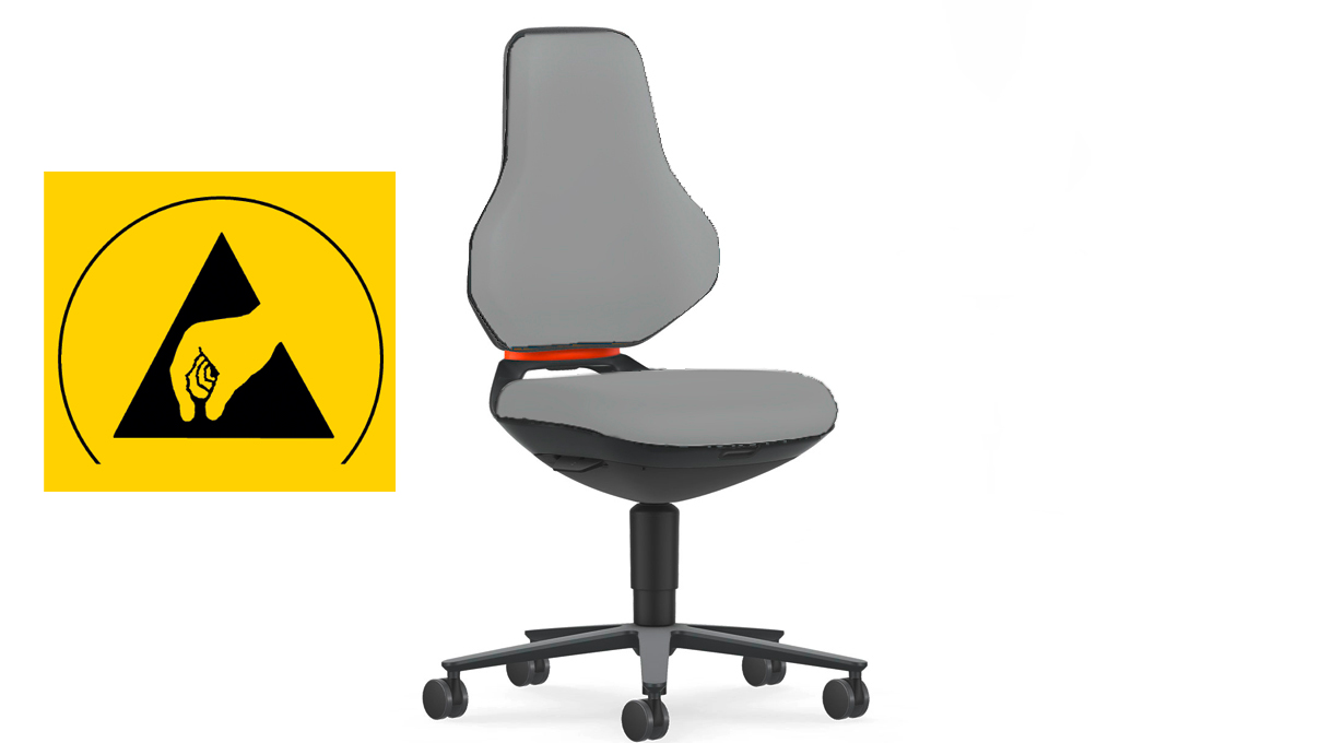 Bimos Texon siège de travail high-tech pour salles blanches, protection ESD, avec roulettes, hauteur
d'assise 45 - 62 cm, sans coussin, technique Auto-Motion, structure noir, Flex-Back orange