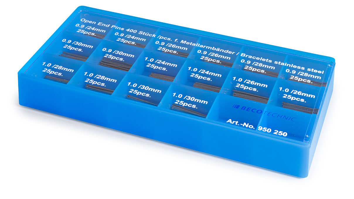 Assortiment de Open End Pins, acier inox, Ø 0,9 et 1 mm, longueur 24 - 30 mm, 400 pièces