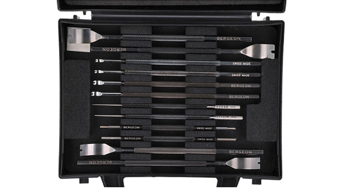 Bergeon 30020 assortiment de tourne et pousse-viroles, broches, leviers pour viroles et aiguilles