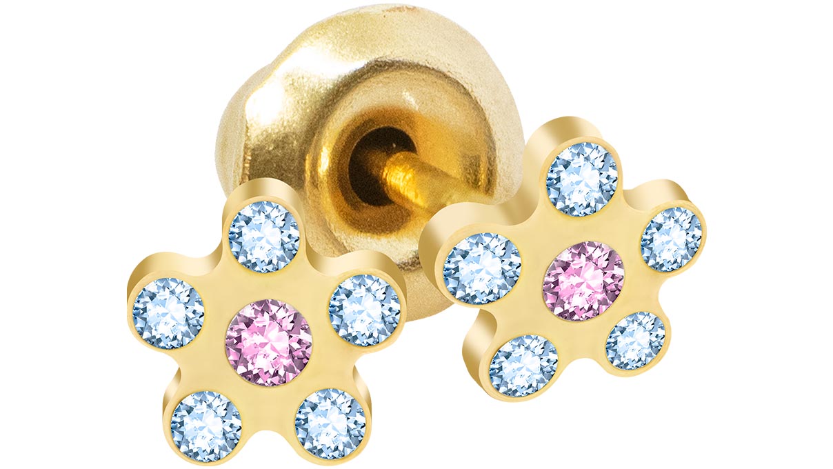 QPP Ohrstecker K26, Blume, Kristall bunt, Edelstahl gelb vergoldet, 1 Paar