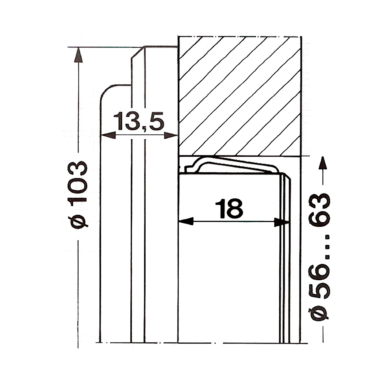 Mouvement à encastrer, quartz, chiffres romains 103 mm, dimensions de montage 56-63 x 18 mm