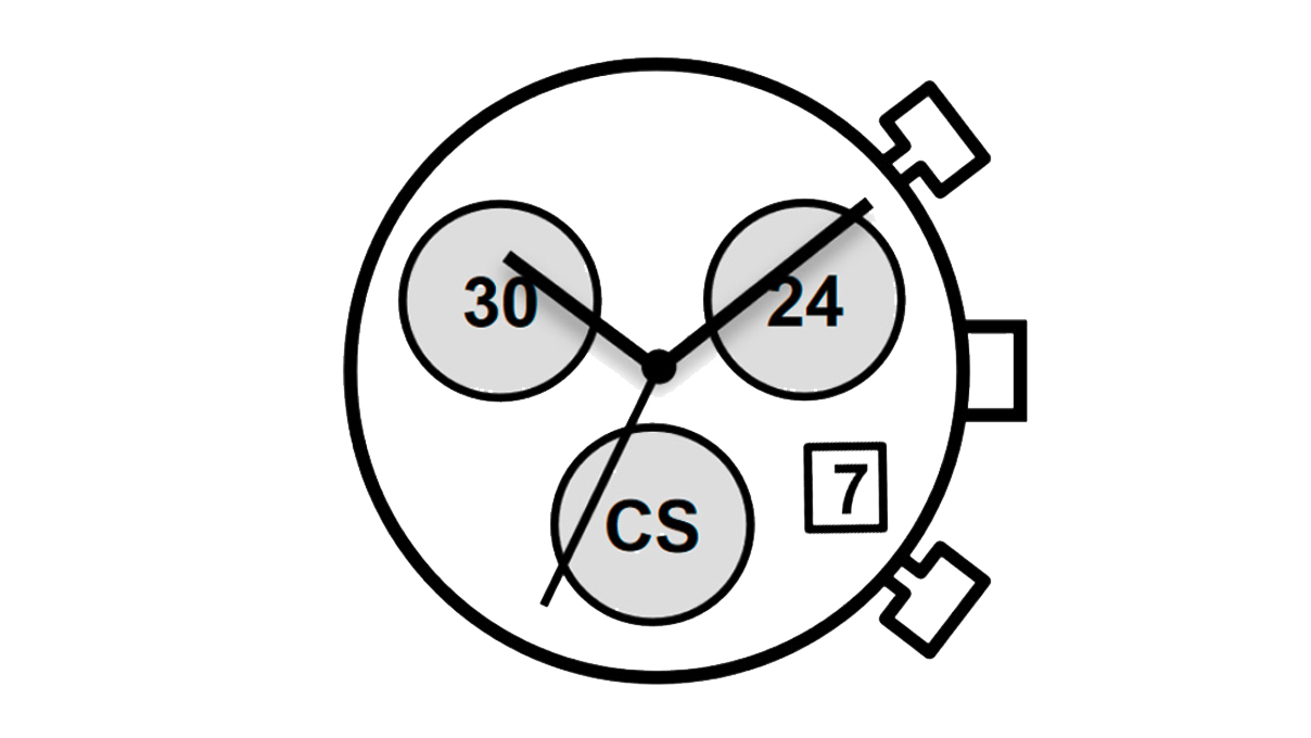 Mvt. Miyota JS05 12 1/2''' DATE4.5, Parallèle, SC STOPWATCH 3EYES 24H SEC 30MIN Quarz (364 | SR621SW)