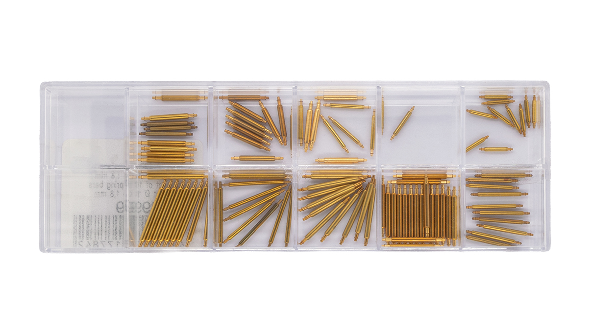 Assortiment de 100 barrettes à ressort, laiton, Ø 1,4 et 1,8 mm, avec épaulement, jaunes, longueurs de 9 à
21 mm
