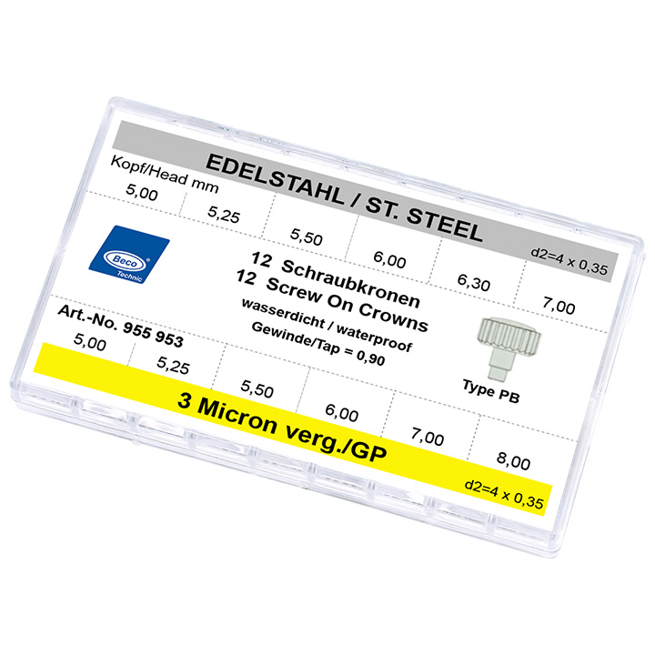 Assortiment de 12 couronnes à vis PB, acier inoxidable Ø 5,0-7,0 et 3 microns jaune Ø 5,0-8,0, 4,0 x 0,35, filetage  0,90,