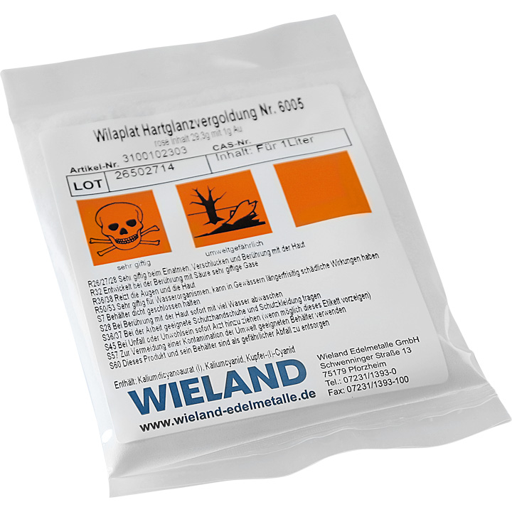 Dorure à l'or dur Wilaplat No. 6005 Or fin avec 1 g Au/l, contenant du cyanure (sel de préparation pour 1
litre)
