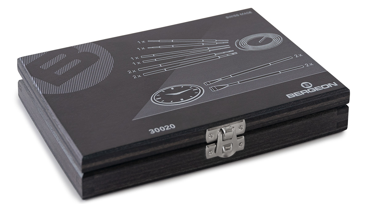 Bergeon 30020 assortiment de tourne et pousse-viroles, broches, leviers pour viroles et aiguilles