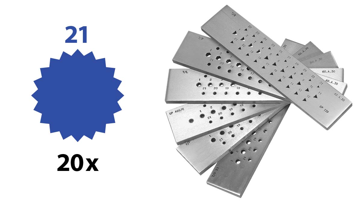 Filières à étirer, Acier, Étoile (21 branches), 20 trous, 3 - 1 mm