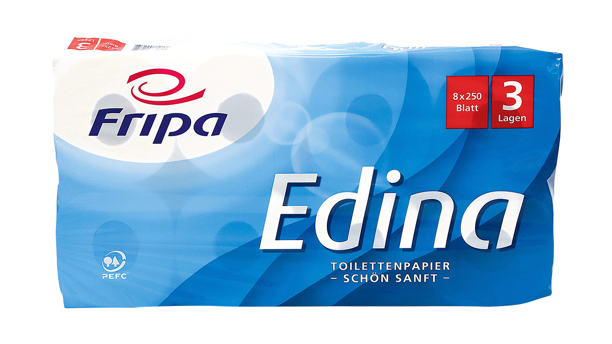 Fripa Edina papier hygiénique, 8 rouleaux, 3 plis, composé à 100% de pâte blanchie sans chlore