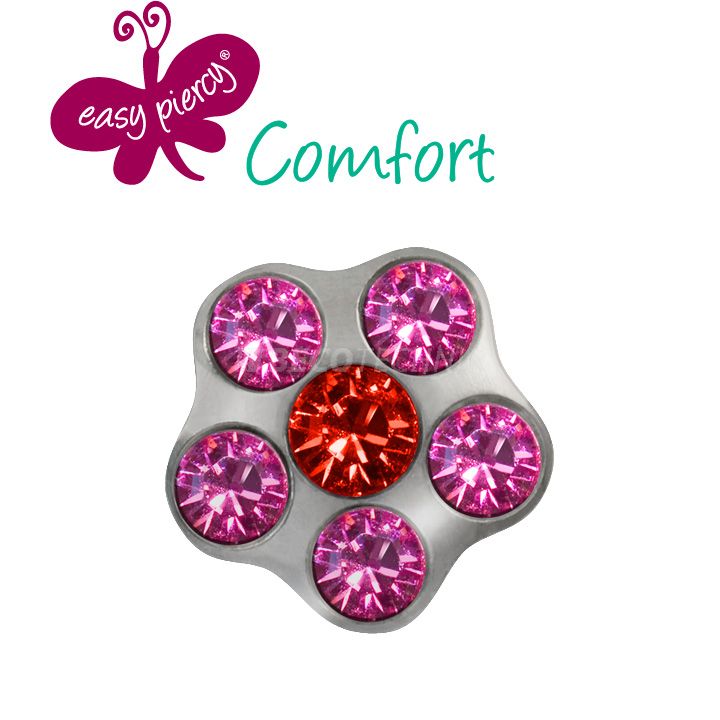 Easy Piercy Comfort 1 paire de boutons d'oreilles Flower Ø 5,0 mm, blanc, imitation rubis/rosé