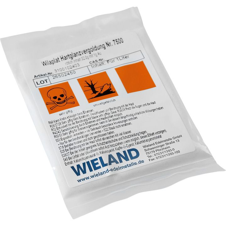 Dorure à l'or dur Wilaplat No. 7500 Or fin avec 1 g Au/l, contenant du cyanure (sel de préparation pour 1
litre)

