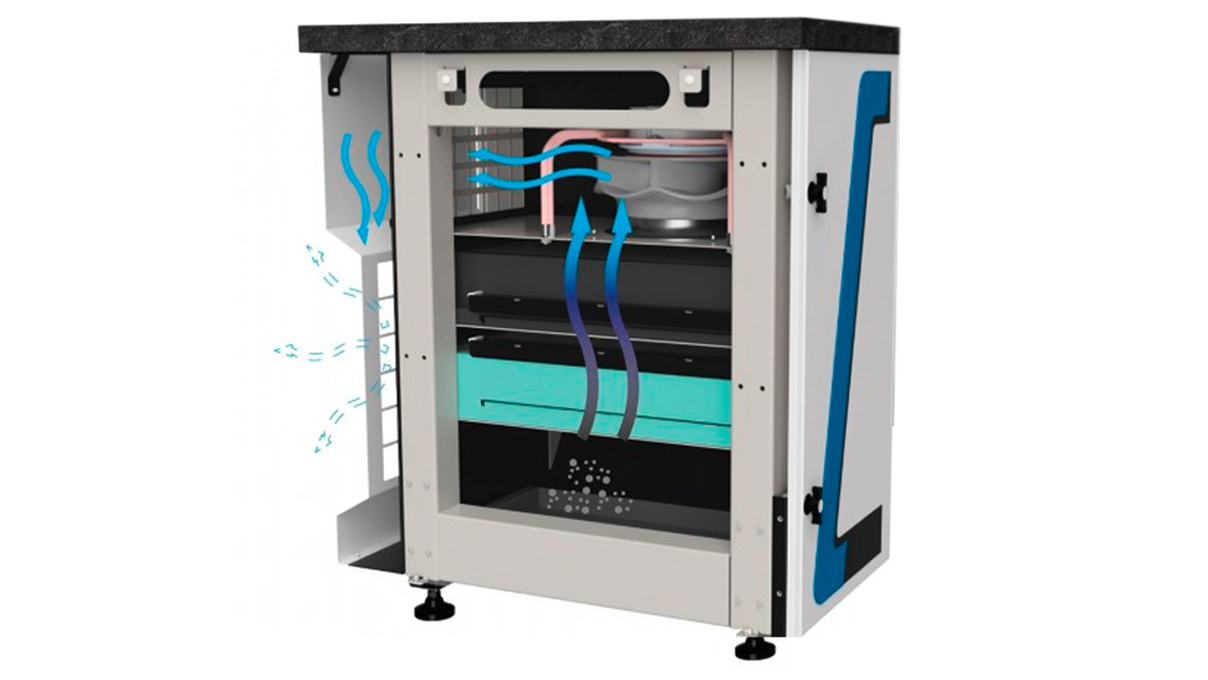 Crevoisier C551 (M12) sur établi SLINE2 Compact, aspiration incluse, plateau couleur ardoise sans
encadrement, bloc d'alimentation en bas (400 V)