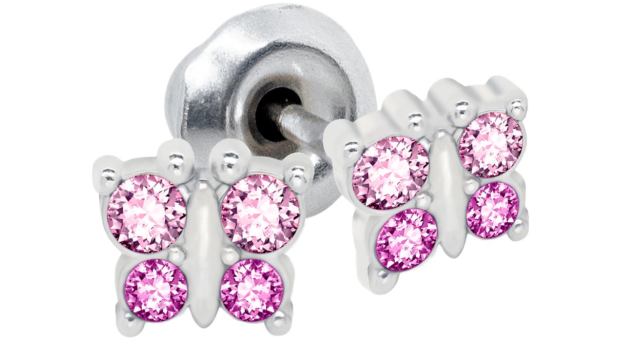 QPP Ohrstecker K13, Schmetterling, Kristall rosa, Edelstahl weiß, 1 Paar