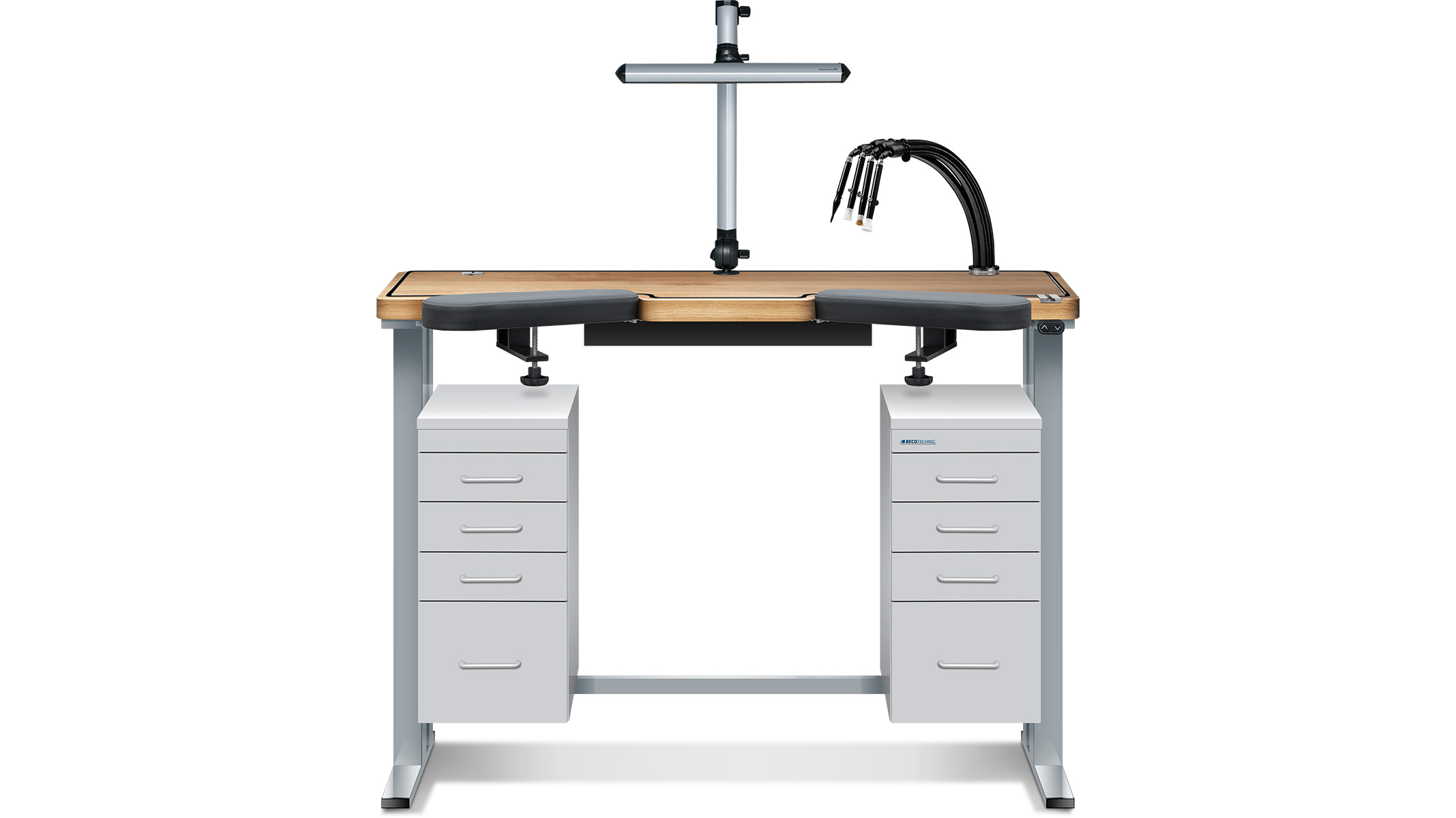 Établis Ergolift Evolution, plan de travail de chêne, 120 x 60 x 4 cm, tiroirs gris soie Établis Ergolift Evolution, plan de travail de chêne, 120 x 60 x 4 cm, tiroirs gris soie