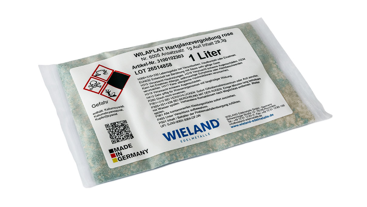 Dorure à brillant dur Wilaplat n° 6005, rosé, 1 g Au/l, à base de cyanure, sel de préparation
pour 1 litre