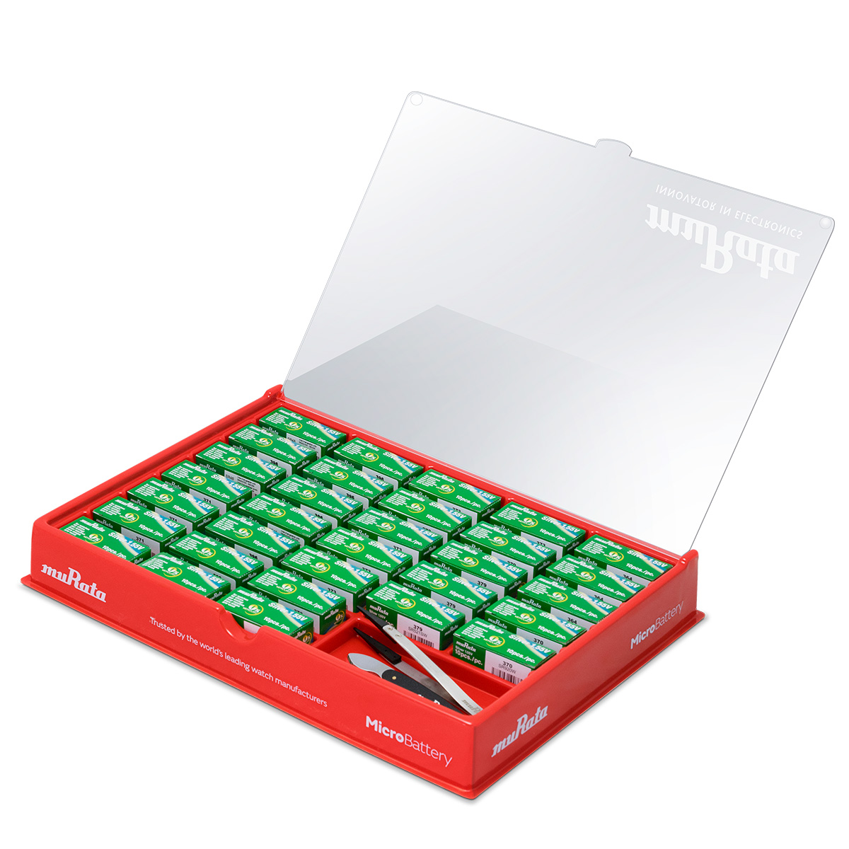 Présentoir piles Murata avec 32 compartiments et couvercle transparent