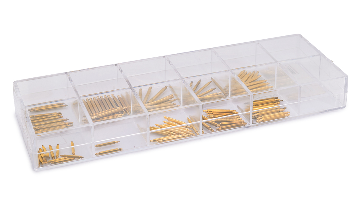 Assortiment de 100 barrettes à ressort, laiton, Ø 1,4 et 1,8 mm, avec épaulement, jaunes, longueurs de 9 à
21 mm
