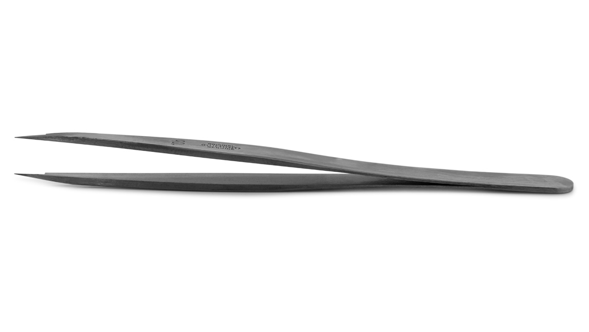 Dumont Brucelles forme 10B, a courber les spiraux au centre,  acier-carbone, 120 mm