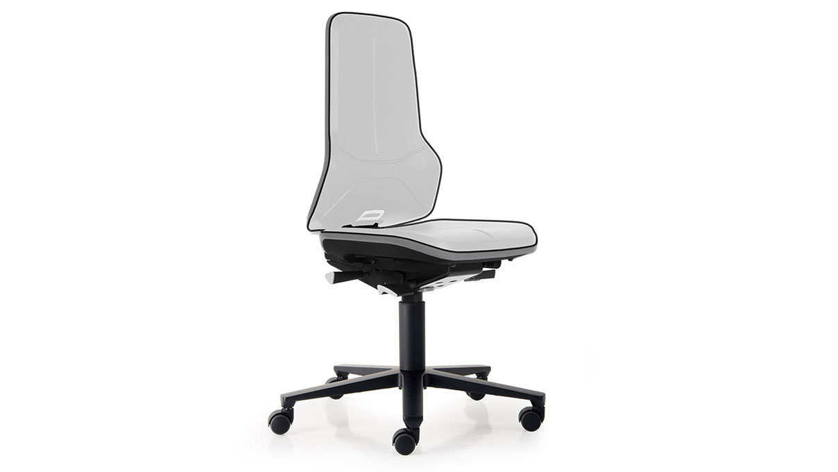 Bimos Neon siège de travail 9563 ESD, hauteur d'assise 45 - 62 cm, technique de synchronisationt,
piétement noir, roulettes souples pour sols durs, sans élément rembourré