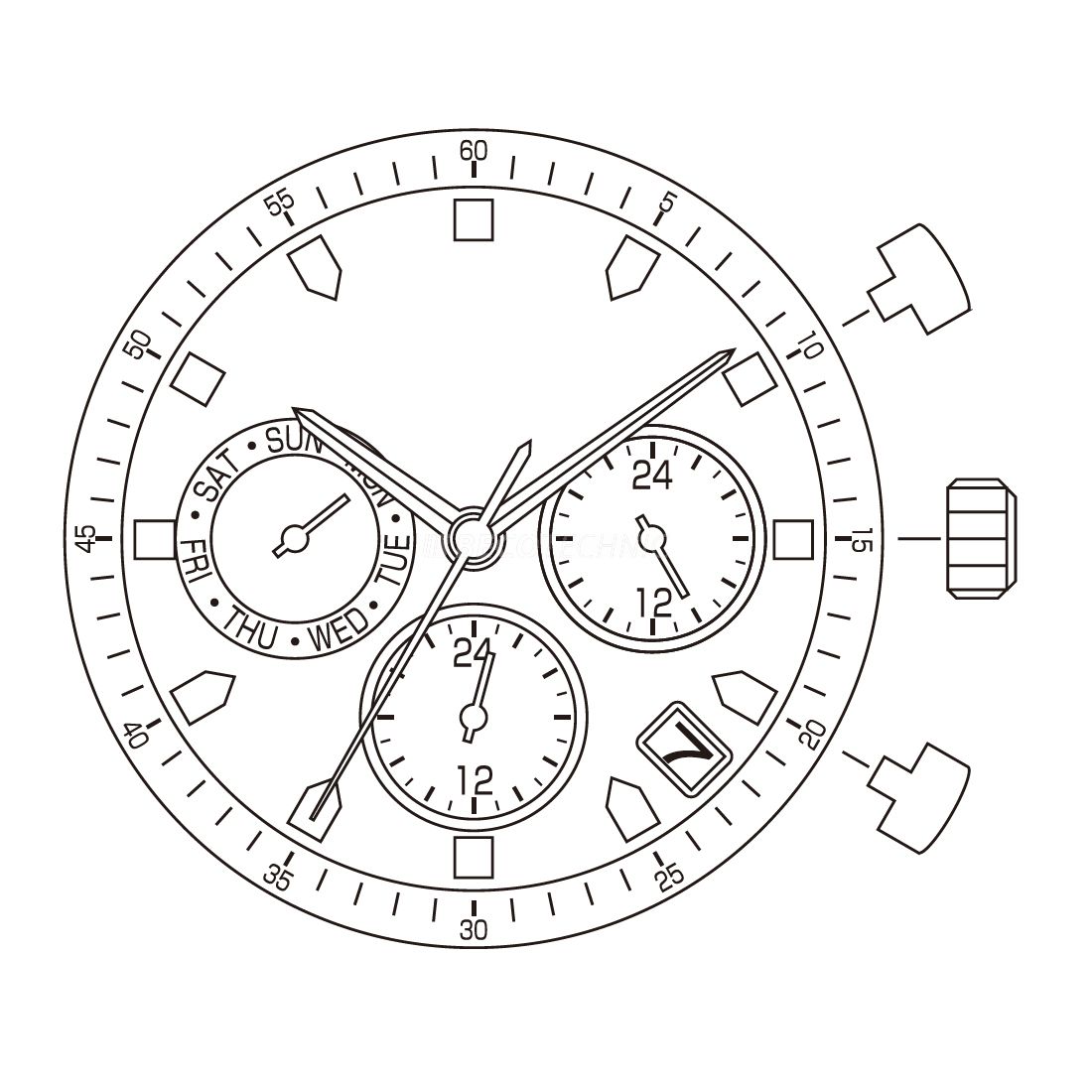 Mvt. Miyota JP25 12 1/2''' DATE4,5/DAY9 SC 3EYES DUAL TIME 24H Quartz (363 | SR 621SW)