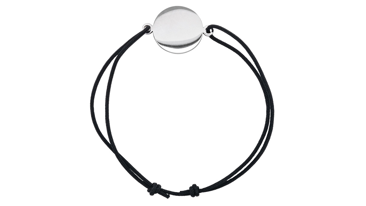 Bracelet gravure avec plaque ronde en acier inoxydable Ø 15 mm, bracelet en coton noir avec nœud coulissant