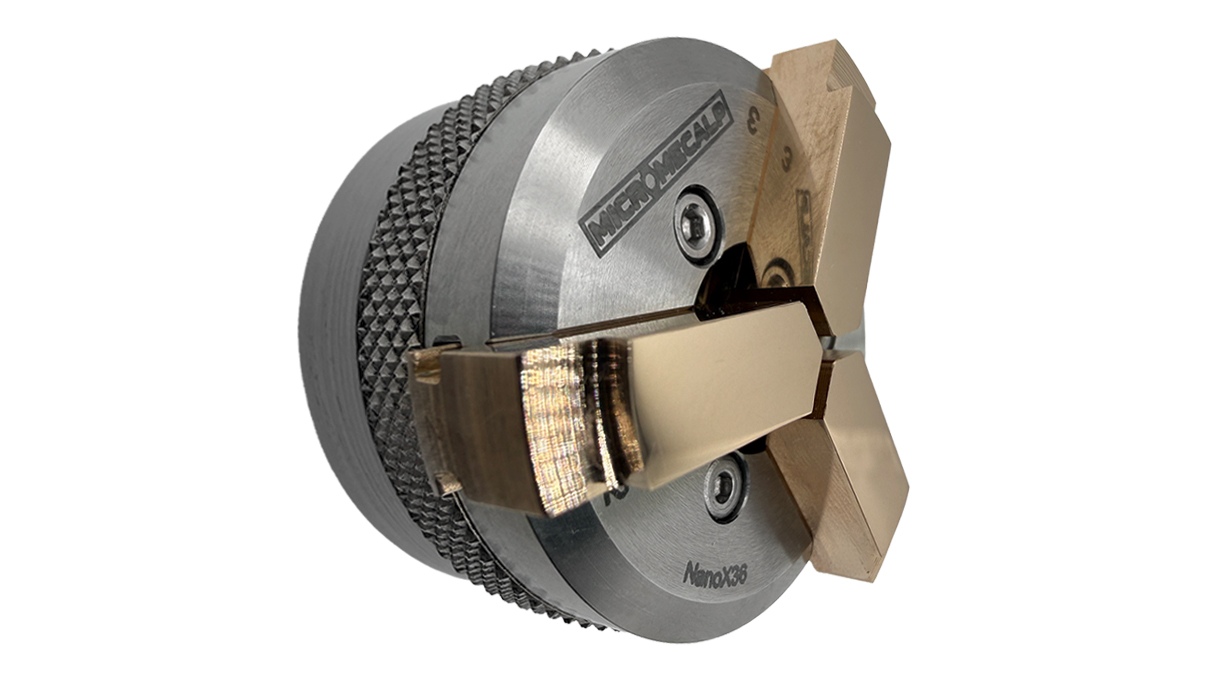 Micromecalp Nano X36 mandrin de micro-serrage pour le rodage et le polissage, en acier inoxydable avec
3 brucelles en laiton, plage de serrage Ø 12,5 mm à Ø 44 mm, M14