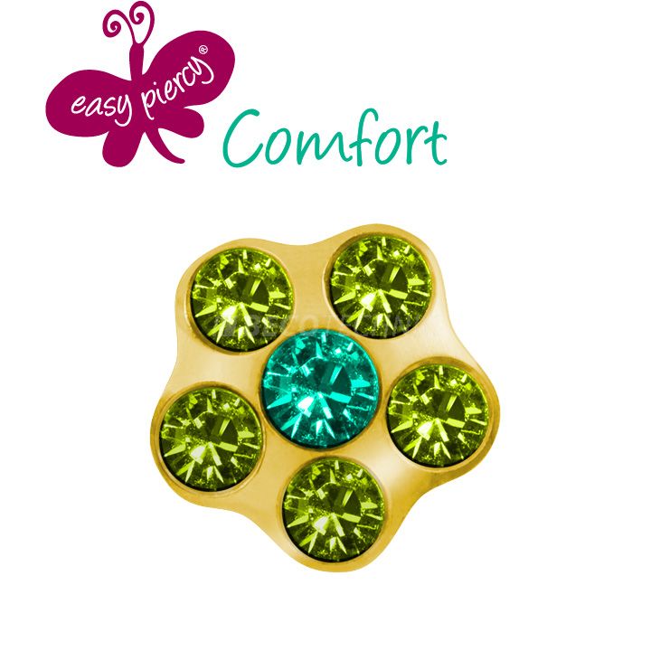 Easy Piercy Comfort 1 paire de boutons d'oreilles Flower Ø 5,0 mm, doré, imitation turquoise/péridot