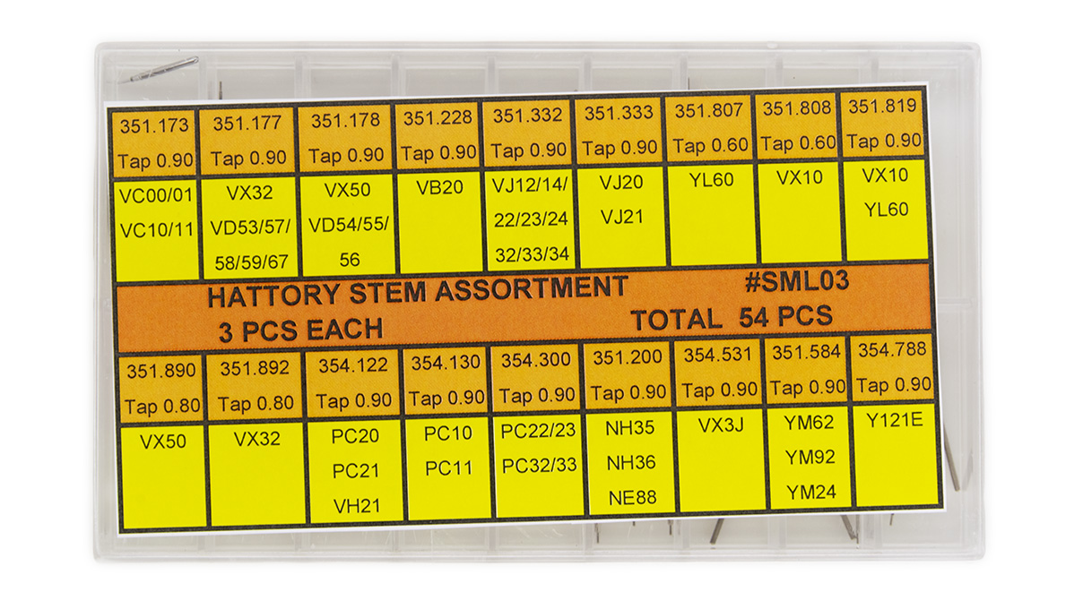 Assortiment de tige Seiko-Hattori, 3 pièces par type, 54 pièces